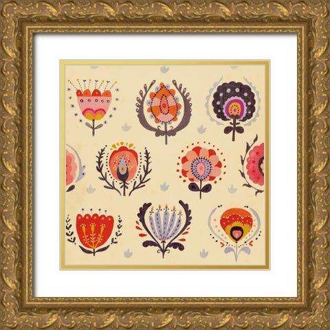Textile Flowers I Gold Ornate Wood Framed Art Print with Double Matting by Borges, Victoria