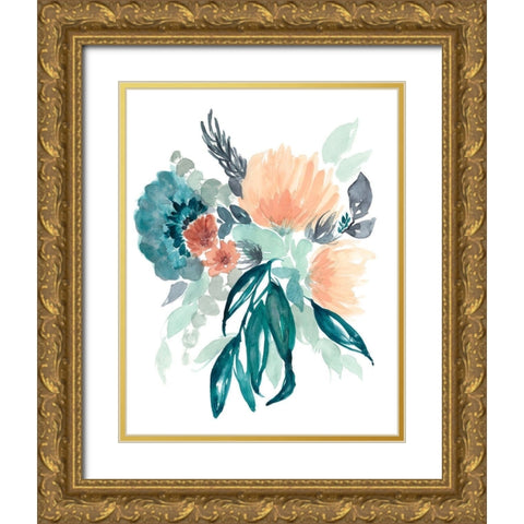 Teal and Peach Bouquet II Gold Ornate Wood Framed Art Print with Double Matting by Goldberger, Jennifer