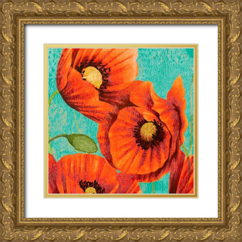 Red Poppies on Teal II Gold Ornate Wood Framed Art Print with Double Matting by Studio W