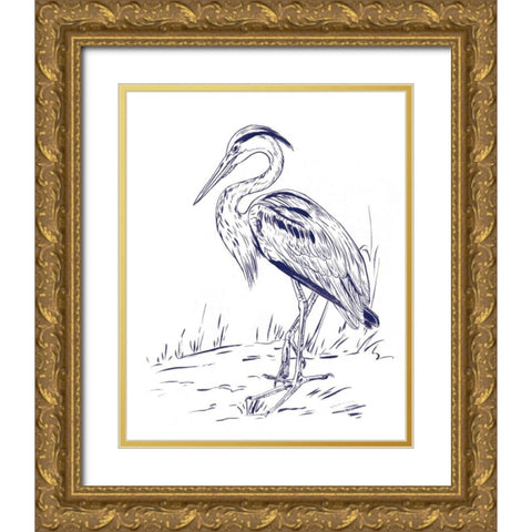 Indigo Heron I Gold Ornate Wood Framed Art Print with Double Matting by Wang, Melissa