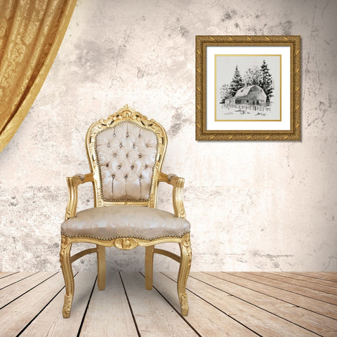 Distant Barn Sketch I Gold Ornate Wood Framed Art Print with Double Matting by Caroline, Emma