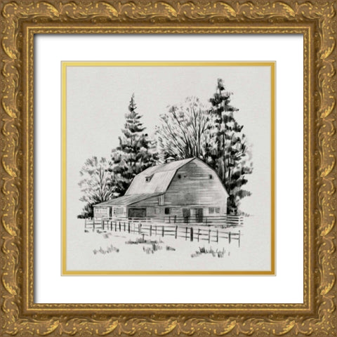 Distant Barn Sketch I Gold Ornate Wood Framed Art Print with Double Matting by Caroline, Emma