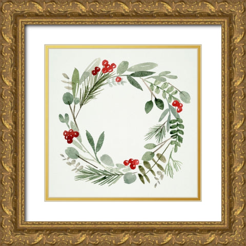 Holly Wreath I Gold Ornate Wood Framed Art Print with Double Matting by Wang, Melissa