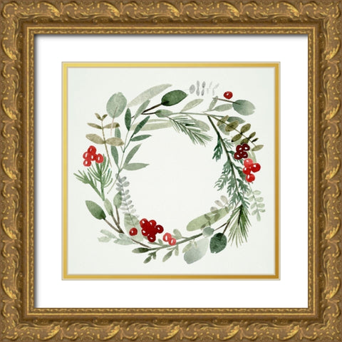 Holly Wreath II Gold Ornate Wood Framed Art Print with Double Matting by Wang, Melissa