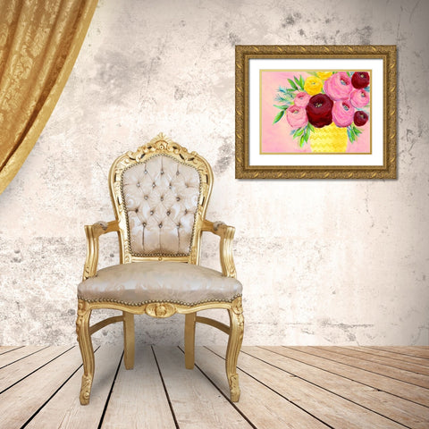Pink Garden Flowers I Gold Ornate Wood Framed Art Print with Double Matting by Moore, Regina