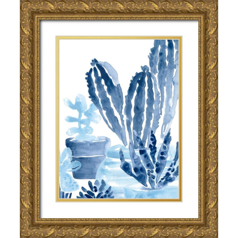 Indigo Succulent I Gold Ornate Wood Framed Art Print with Double Matting by Vess, June Erica