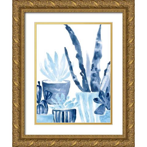 Indigo Succulent III Gold Ornate Wood Framed Art Print with Double Matting by Vess, June Erica