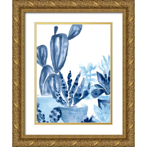 Indigo Succulent IV Gold Ornate Wood Framed Art Print with Double Matting by Vess, June Erica