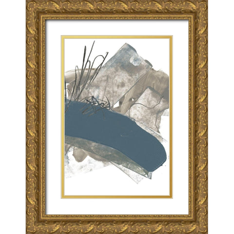 Blue and Grey Swipe III Gold Ornate Wood Framed Art Print with Double Matting by Goldberger, Jennifer