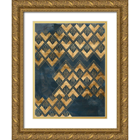 Deco Pattern in Blue II Gold Ornate Wood Framed Art Print with Double Matting by Vess, June Erica