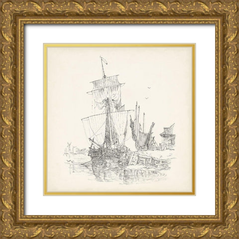 Antique Ship Sketch VII Gold Ornate Wood Framed Art Print with Double Matting by Foust, Richard