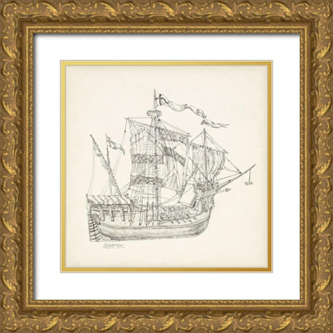 Antique Ship Sketch VIII Gold Ornate Wood Framed Art Print with Double Matting by Foust, Richard