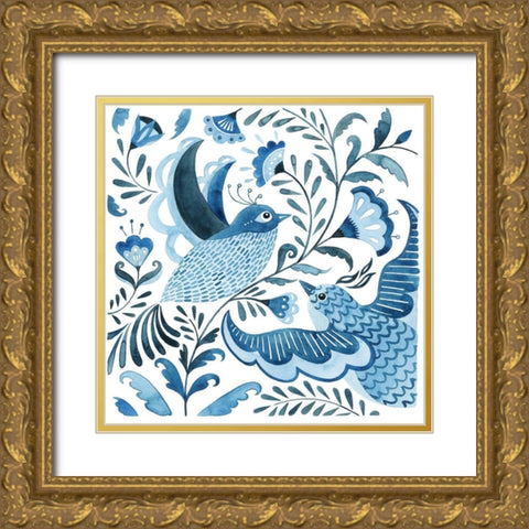 Blue Bird Folk I Gold Ornate Wood Framed Art Print with Double Matting by Popp, Grace