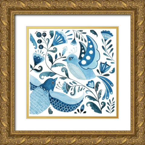 Blue Bird Folk II Gold Ornate Wood Framed Art Print with Double Matting by Popp, Grace