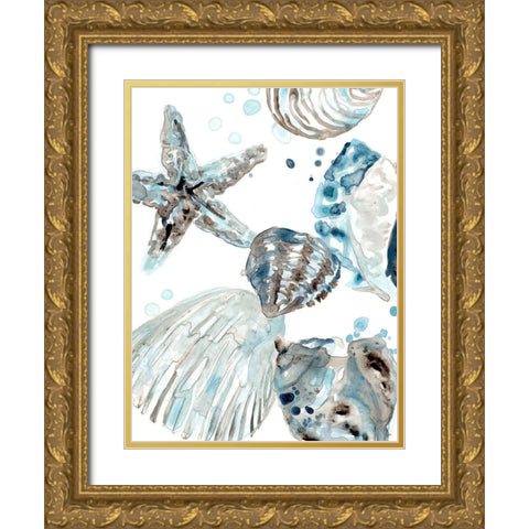Cerulean Seashells II Gold Ornate Wood Framed Art Print with Double Matting by Vess, June Erica