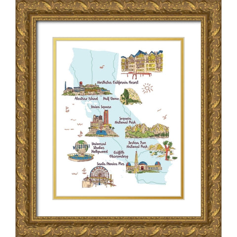 Going to California I Gold Ornate Wood Framed Art Print with Double Matting by Wang, Melissa