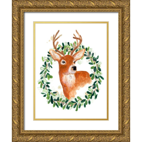 Woodland Holiday Deer Gold Ornate Wood Framed Art Print with Double Matting by Vess, June Erica