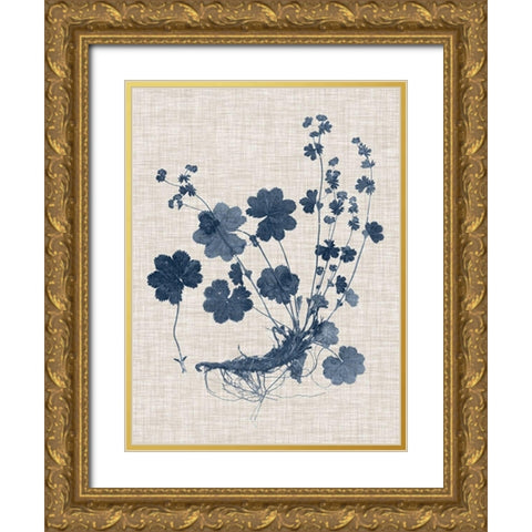 Navy and Linen Leaves I Gold Ornate Wood Framed Art Print with Double Matting by Vision Studio