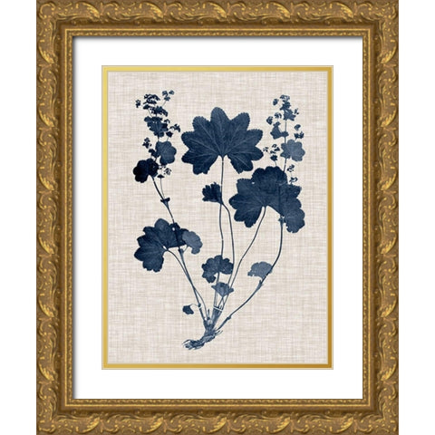 Navy and Linen Leaves III Gold Ornate Wood Framed Art Print with Double Matting by Vision Studio