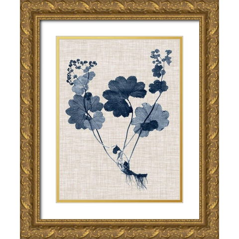 Navy and Linen Leaves IV Gold Ornate Wood Framed Art Print with Double Matting by Vision Studio