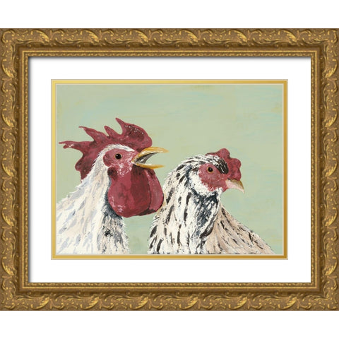 Four Roosters White Chickens Gold Ornate Wood Framed Art Print with Double Matting by Reynolds, Jade