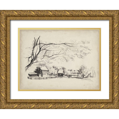 Sketched Barn View I Gold Ornate Wood Framed Art Print with Double Matting by Parker, Jennifer Paxton