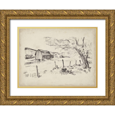 Sketched Barn View II Gold Ornate Wood Framed Art Print with Double Matting by Parker, Jennifer Paxton