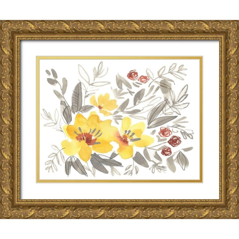 Golden Flower Composition I Gold Ornate Wood Framed Art Print with Double Matting by Goldberger, Jennifer