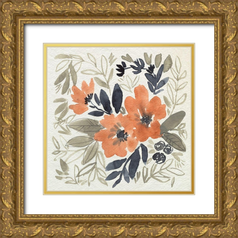 Sienna and Paynes Flowers I Gold Ornate Wood Framed Art Print with Double Matting by Goldberger, Jennifer