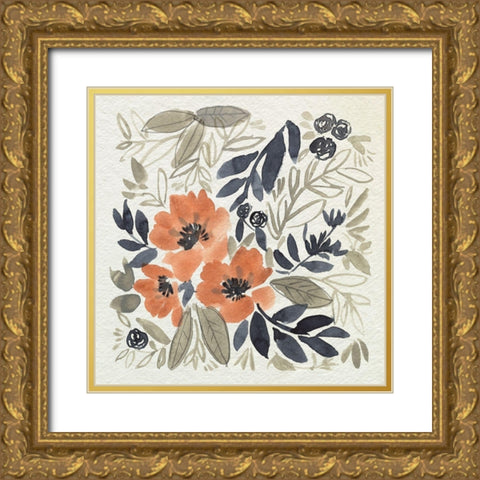 Sienna and Paynes Flowers II Gold Ornate Wood Framed Art Print with Double Matting by Goldberger, Jennifer