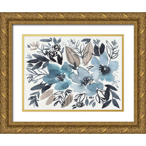 Blue and Paynes Blooms I Gold Ornate Wood Framed Art Print with Double Matting by Goldberger, Jennifer