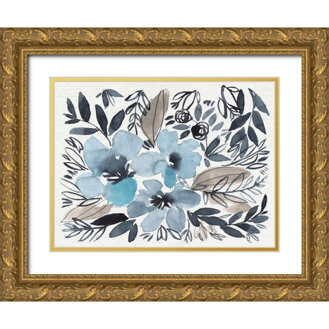 Blue and Paynes Blooms II Gold Ornate Wood Framed Art Print with Double Matting by Goldberger, Jennifer