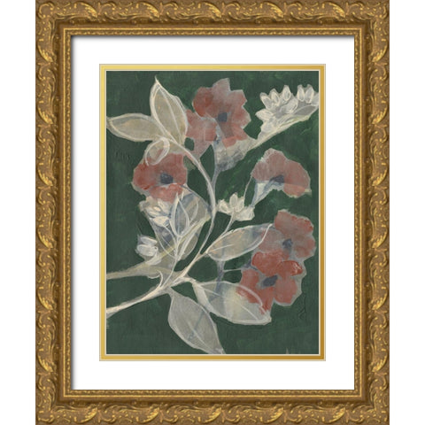 Blooms on Hunter Green I Gold Ornate Wood Framed Art Print with Double Matting by Goldberger, Jennifer