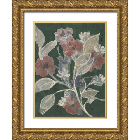 Blooms on Hunter Green II Gold Ornate Wood Framed Art Print with Double Matting by Goldberger, Jennifer