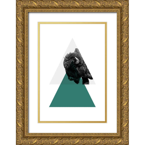 Geo Buffalo Gold Ornate Wood Framed Art Print with Double Matting by Jasper, Sisa