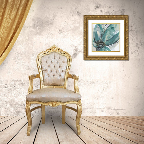 Teal Petals I Gold Ornate Wood Framed Art Print with Double Matting by Goldberger, Jennifer