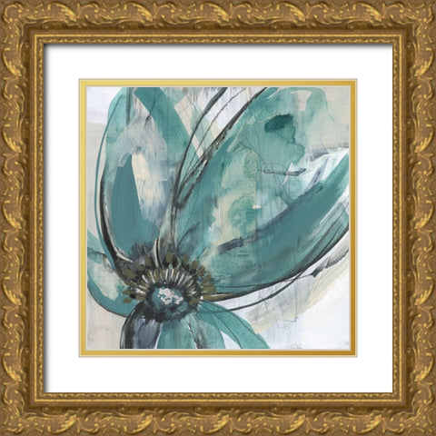 Teal Petals I Gold Ornate Wood Framed Art Print with Double Matting by Goldberger, Jennifer