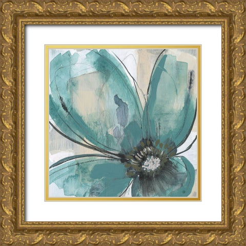 Teal Petals II Gold Ornate Wood Framed Art Print with Double Matting by Goldberger, Jennifer