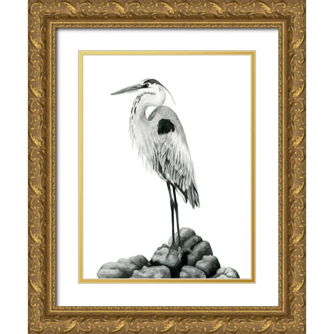 Shoreline Heron in BandW II Gold Ornate Wood Framed Art Print with Double Matting by Popp, Grace