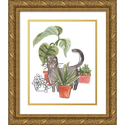 Purrfect Plants I Gold Ornate Wood Framed Art Print with Double Matting by Vess, June Erica