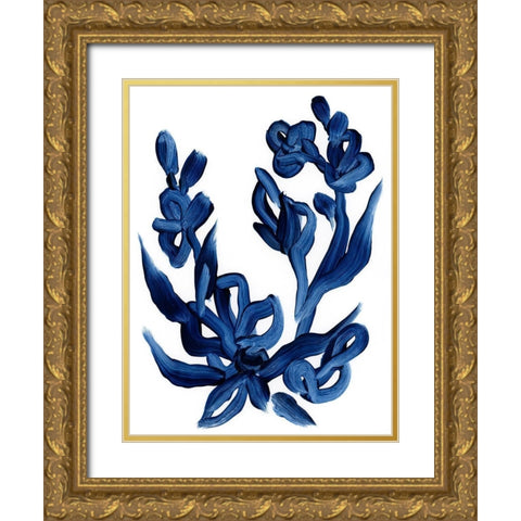 Indigo Brush Blooms I Gold Ornate Wood Framed Art Print with Double Matting by Vess, June Erica
