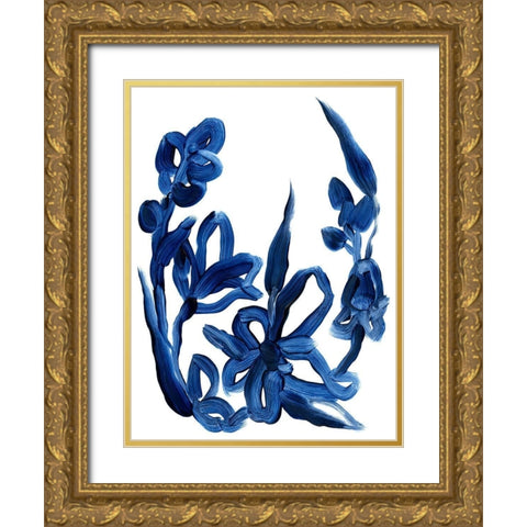 Indigo Brush Blooms II Gold Ornate Wood Framed Art Print with Double Matting by Vess, June Erica