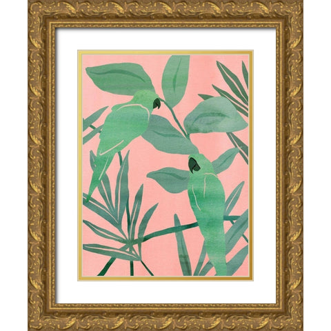 Pink and Green Birds of Paradise I Gold Ornate Wood Framed Art Print with Double Matting by Wang, Melissa