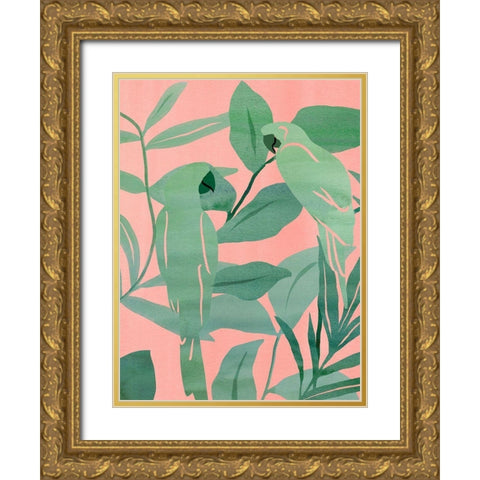 Pink and Green Birds of Paradise II Gold Ornate Wood Framed Art Print with Double Matting by Wang, Melissa