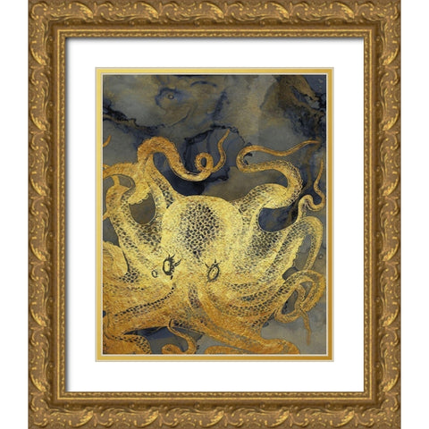 Octopus Ink Gold And Blue II Gold Ornate Wood Framed Art Print with Double Matting by Zalewski, Christine
