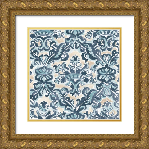 Blue And Khaki Motif II Gold Ornate Wood Framed Art Print with Double Matting by Vess, June Erica