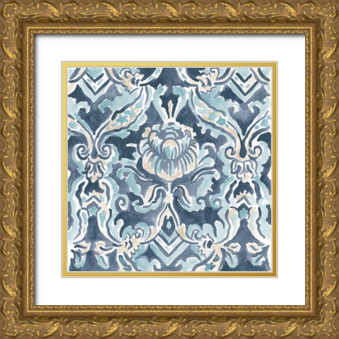Blue And Khaki Motif IV Gold Ornate Wood Framed Art Print with Double Matting by Vess, June Erica