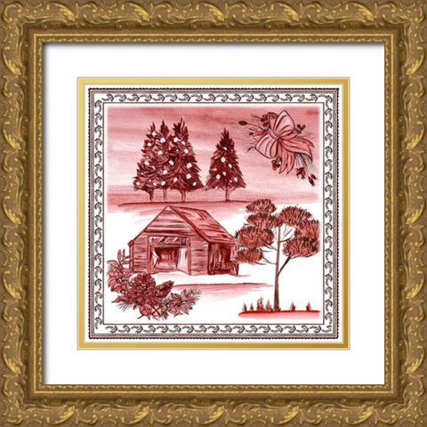 Christmas Wonderland Toile III Gold Ornate Wood Framed Art Print with Double Matting by Wang, Melissa