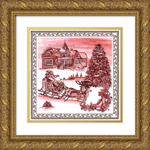 Christmas Wonderland Toile IV Gold Ornate Wood Framed Art Print with Double Matting by Wang, Melissa