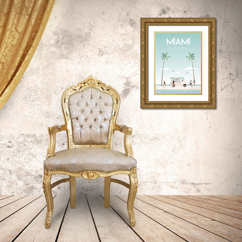 Illustrated Miami Beach I Gold Ornate Wood Framed Art Print with Double Matting by Arctic Frame